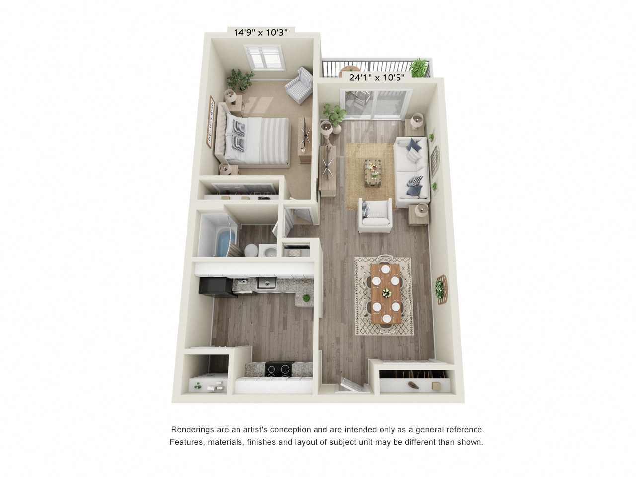Floor plan for 1 bed, 1 bath, 600 sqft